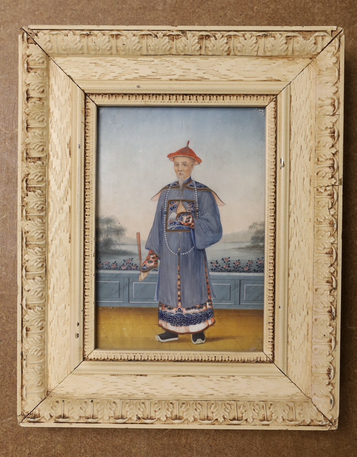 Chinese School, c.1850, gouache on ivory, man standing on a terrace, 13 x 9cm